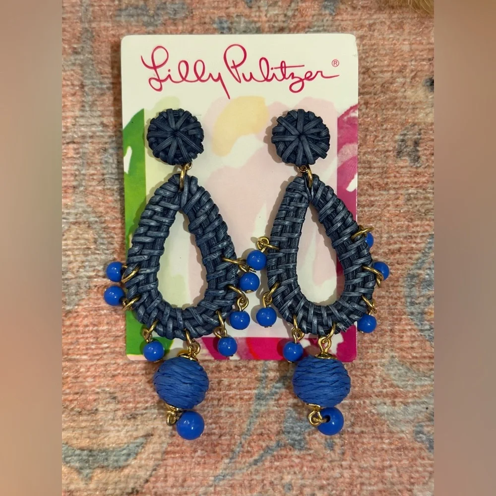 Brand New Lilly Pulitzer Alba Blue Dangling Raffia Earrings - Picture 2 of 5